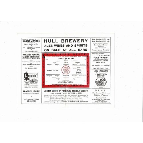 Doncaster Rovers v Wormatia Worms Friendly Football Programme 1965/66