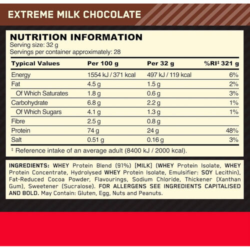 Optimum Nutrition Gold Standard 100% Whey Protein Extreme Milk Chocolate - 896g