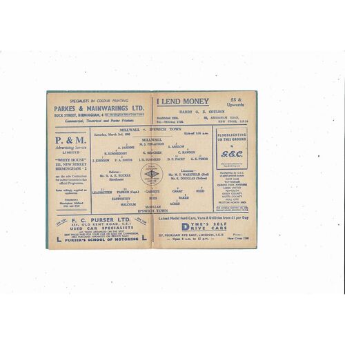 1955/56 Millwall v Ipswich Town Football Programme