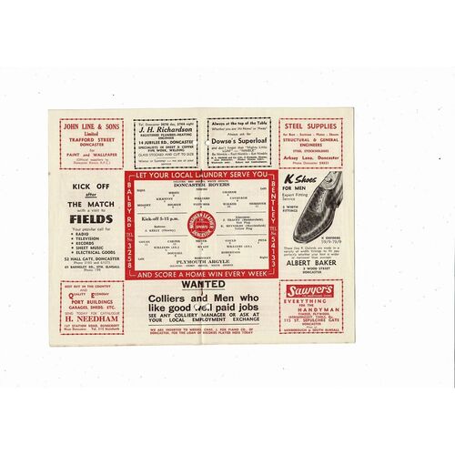 1958/59 Doncaster Rovers v Plymouth Argyle Football Programme