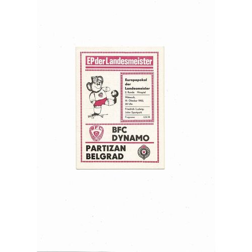 Dynamo Berlin v Partizan Belgrade European Cup Football Programme 1983/84