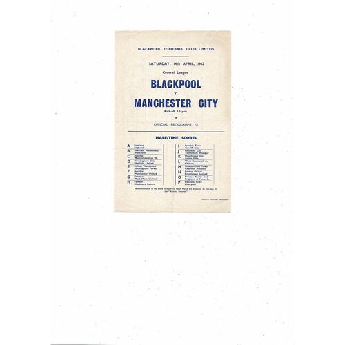 Blackpool v Manchester City Central League Football Programme 1961/62