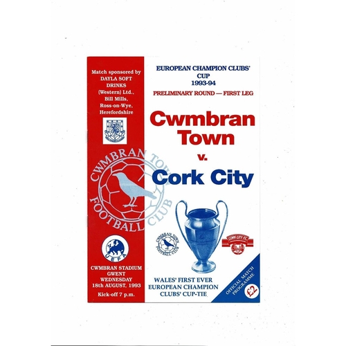 Cwmbran Town v Cork City European Cup Football Programme 1993/94