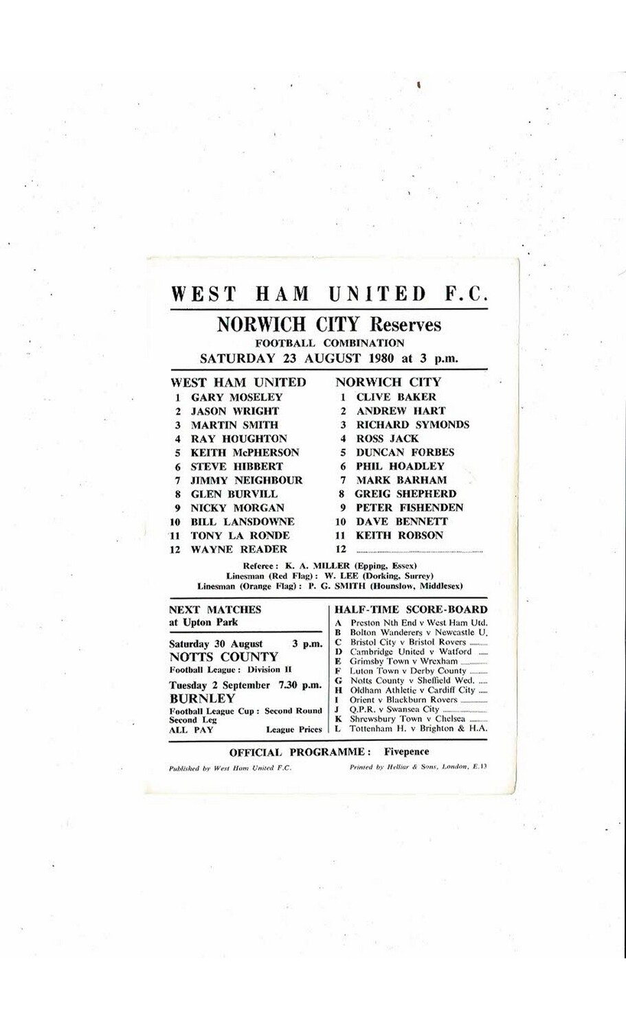 West Ham United v Norwich City Football Combination Programme 1980/81 Bob's Football