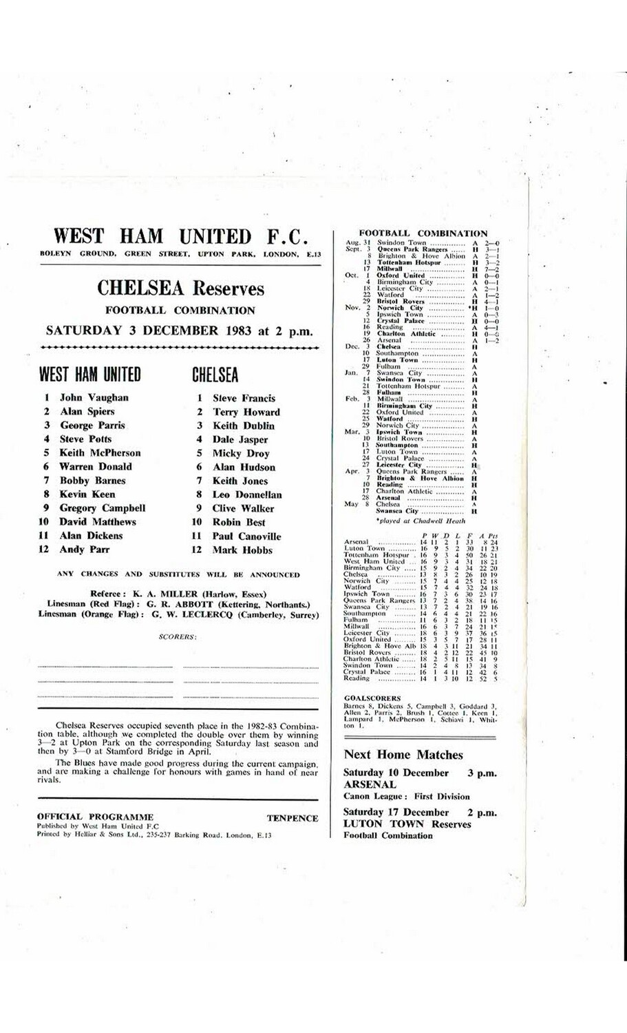 West Ham United v Chelsea Football Combination Programme 1983/84 Bob's Football Programmes
