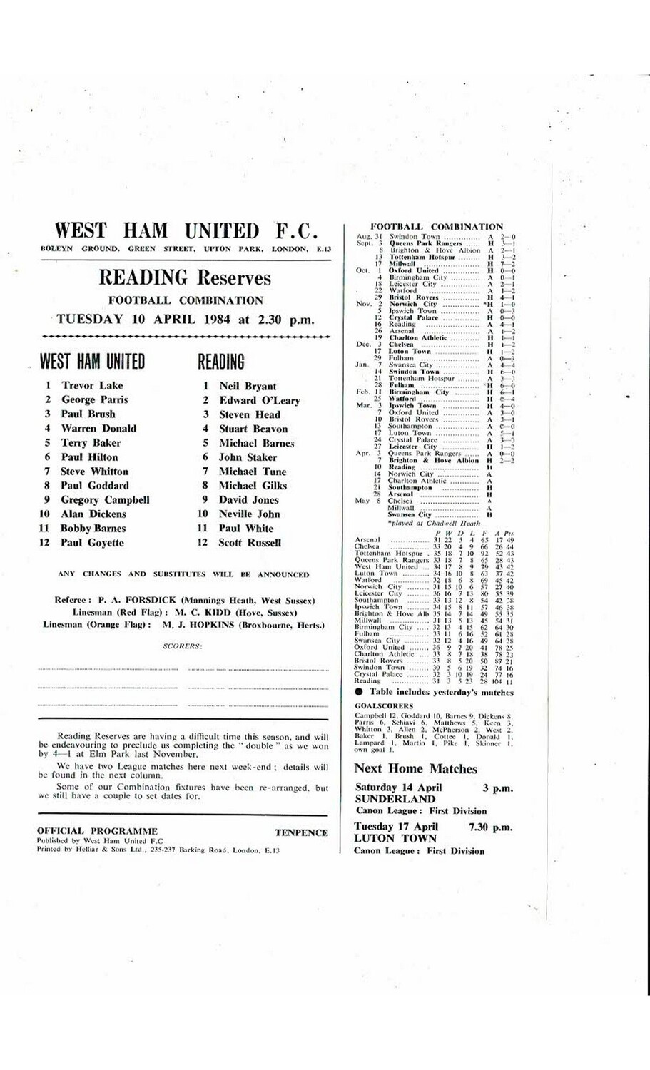 West Ham United v Reading Football Combination Programme 1983/84 Bob's Football Programmes