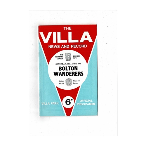 1967/68 Aston Villa v Bolton Wanderers Football Programme + League Review