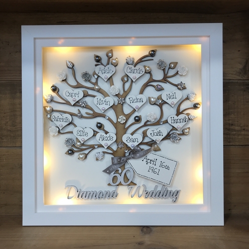 Personalised Anniversary Gift – Custom Family Tree Frame with Names, Pearls & Optional Lights