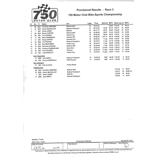 2009 Silverstone 750 Motor Club Championship Car Races Meeting (22-23/08/2009) Motor Racing Programme & Event Entry Ticket +Timing/Race Result Sheets