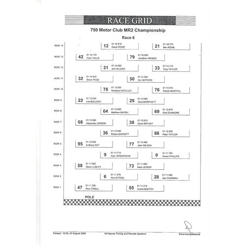 2009 Silverstone 750 Motor Club Championship Car Races Meeting (22-23/08/2009) Motor Racing Programme & Event Entry Ticket +Timing/Race Result Sheets