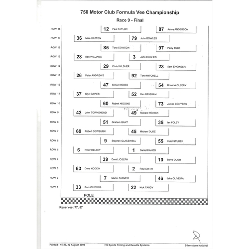 2009 Silverstone 750 Motor Club Championship Car Races Meeting (22-23/08/2009) Motor Racing Programme & Event Entry Ticket +Timing/Race Result Sheets