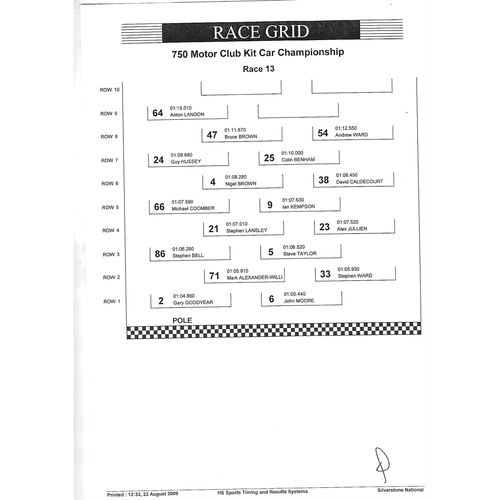 2009 Silverstone 750 Motor Club Championship Car Races Meeting (22-23/08/2009) Motor Racing Programme & Event Entry Ticket +Timing/Race Result Sheets