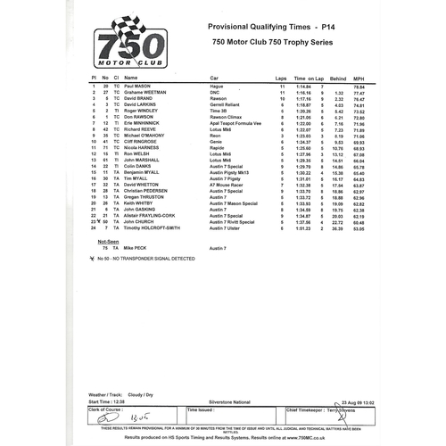 2009 Silverstone 750 Motor Club Championship Car Races Meeting (22-23/08/2009) Motor Racing Programme & Event Entry Ticket +Timing/Race Result Sheets