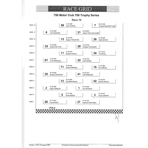 2009 Silverstone 750 Motor Club Championship Car Races Meeting (22-23/08/2009) Motor Racing Programme & Event Entry Ticket +Timing/Race Result Sheets