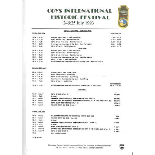 1993 Silverstone Coy's International Historic Festival Meeting (24-25/07/1993) Motor Racing Programme & Practice/Result Timing Sheets