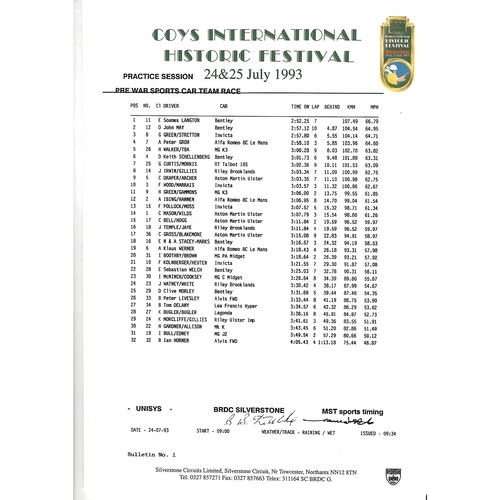 1993 Silverstone Coy's International Historic Festival Meeting (24-25/07/1993) Motor Racing Programme & Practice/Result Timing Sheets