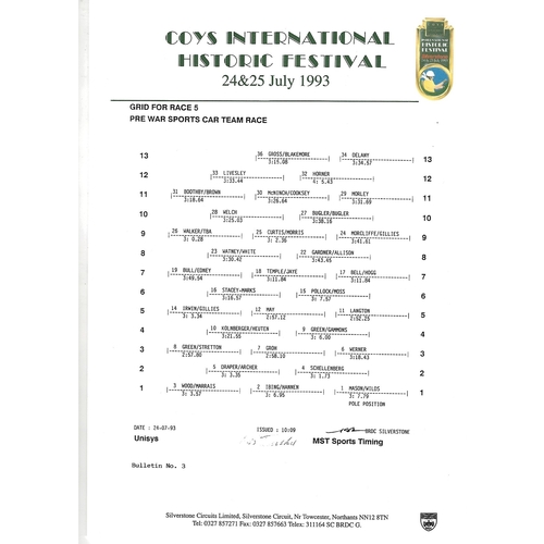 1993 Silverstone Coy's International Historic Festival Meeting (24-25/07/1993) Motor Racing Programme & Practice/Result Timing Sheets