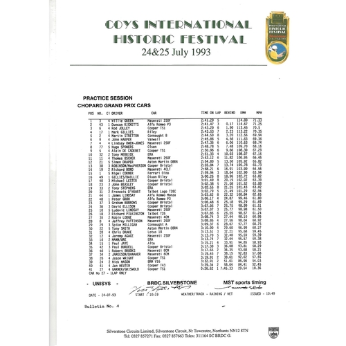 1993 Silverstone Coy's International Historic Festival Meeting (24-25/07/1993) Motor Racing Programme & Practice/Result Timing Sheets