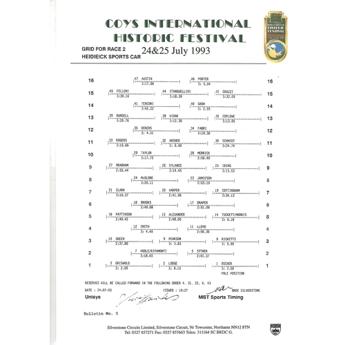 1993 Silverstone Coy's International Historic Festival Meeting (24-25/07/1993) Motor Racing Programme & Practice/Result Timing Sheets