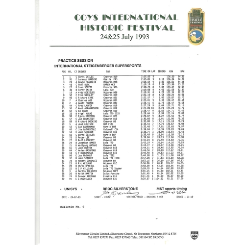 1993 Silverstone Coy's International Historic Festival Meeting (24-25/07/1993) Motor Racing Programme & Practice/Result Timing Sheets