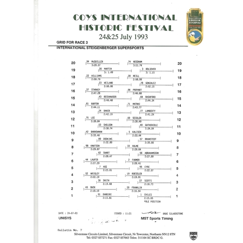 1993 Silverstone Coy's International Historic Festival Meeting (24-25/07/1993) Motor Racing Programme & Practice/Result Timing Sheets