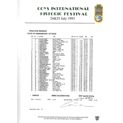 1993 Silverstone Coy's International Historic Festival Meeting (24-25/07/1993) Motor Racing Programme & Practice/Result Timing Sheets