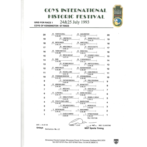 1993 Silverstone Coy's International Historic Festival Meeting (24-25/07/1993) Motor Racing Programme & Practice/Result Timing Sheets