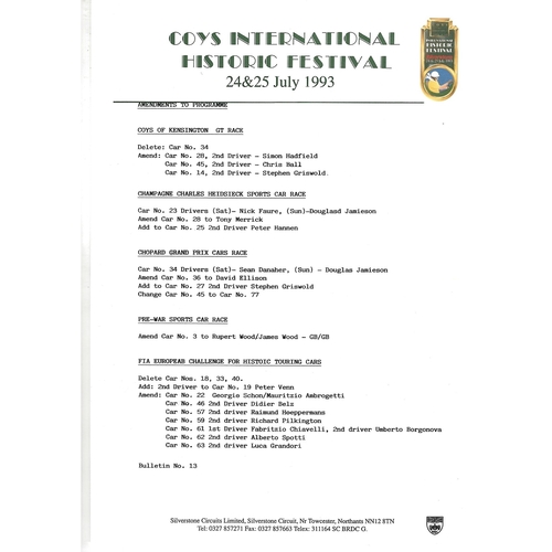 1993 Silverstone Coy's International Historic Festival Meeting (24-25/07/1993) Motor Racing Programme & Practice/Result Timing Sheets