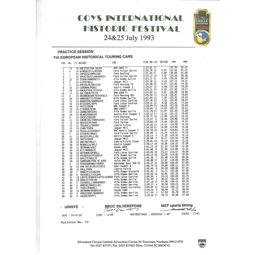 1993 Silverstone Coy's International Historic Festival Meeting (24-25/07/1993) Motor Racing Programme & Practice/Result Timing Sheets