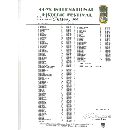 1993 Silverstone Coy's International Historic Festival Meeting (24-25/07/1993) Motor Racing Programme & Practice/Result Timing Sheets