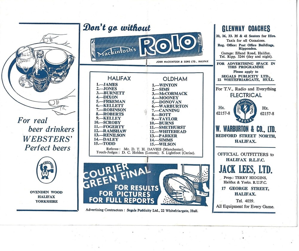1965/66 Halifax v Oldham Rugby League Programme Bob's Sporting