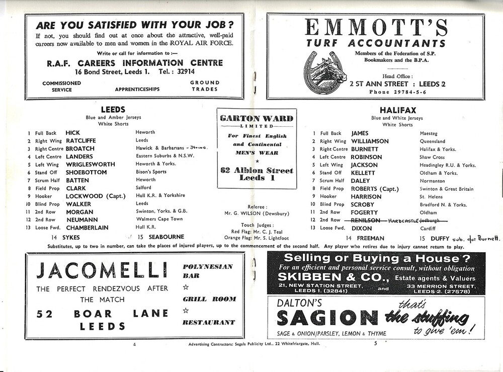 1964/65 Leeds v Halifax Rugby League Programme Bob's Sporting