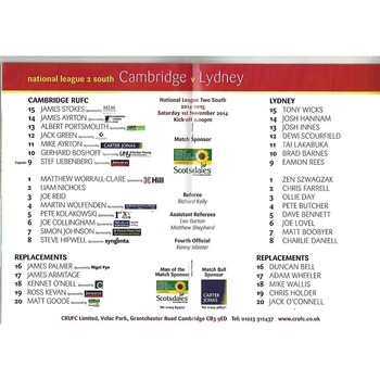 2014/15 Cambridge v Lydney (01/11/2014) Rugby Union Programme