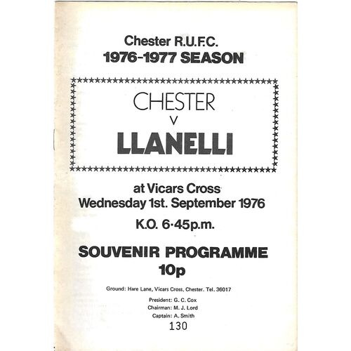 1976/77 Chester v Llanelli (01/09/1976) Rugby Union Programme