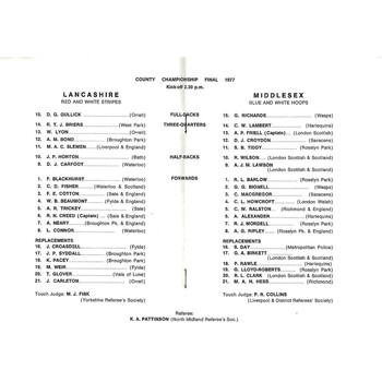 1977 Lancashire v Middlesex Rugby Union County Championship Final (26/02/1977) Rugby Union Programme