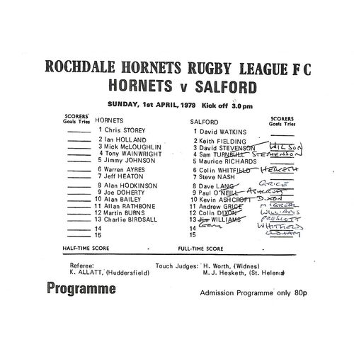 1978/79 Rochdale Hornets v Salford Rugby League Programme