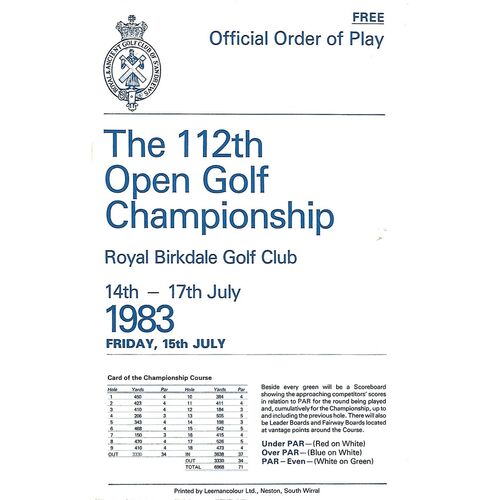 1983 Open Golf Championship (Royal Birkdale, 14-17/07/1983) Official Golf Programme, Order of Play Card (15/07/1983) & Course Map