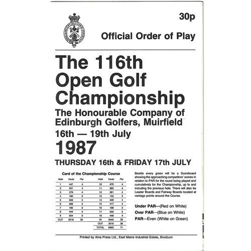 1987 Open Golf Championship (Muirfield, 16-19/07/1987) Official Golf Programme, Order of Play Card (16 & 17/07/1987) & Course Map