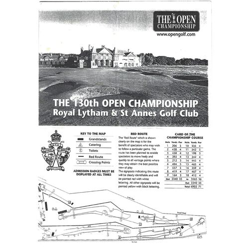 2001 Open Golf Championship (Royal Lytham & St. Annes, 19-22/07/2001) Official Golf Programme, Order of Play Card (19/07/2001) & Course Map