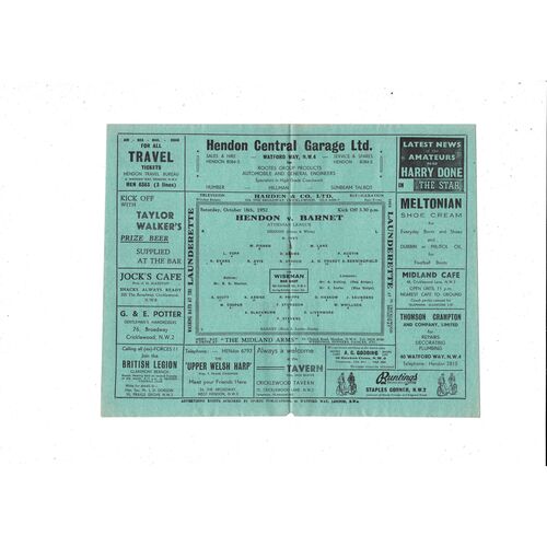 1952/53 Hendon v Barnet Football Programme