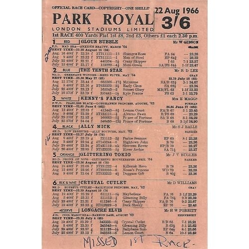 1960's race card - Park Royal Greyhound Racing