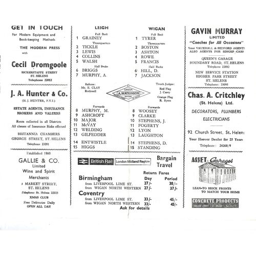 1967/68 Leigh v Wigan (05/12/1967) BBC2 Floodlight Competition Semi Final Rugby League Programme