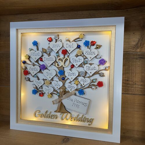 Personalised Anniversary Gift – Custom Family Tree Frame with Names, Pearls & Optional Lights