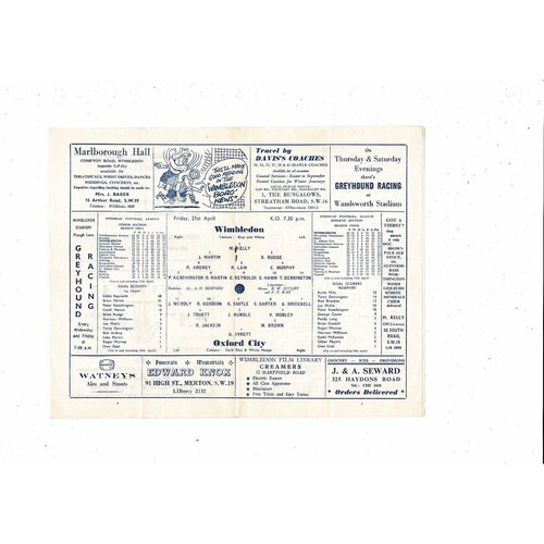 1960/61 Wimbledon v Oxford City Isthmian League Football Programme