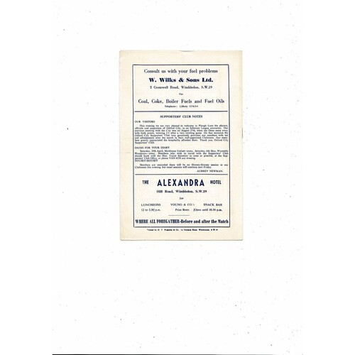 1960/61 Wimbledon v Oxford City Isthmian League Football Programme