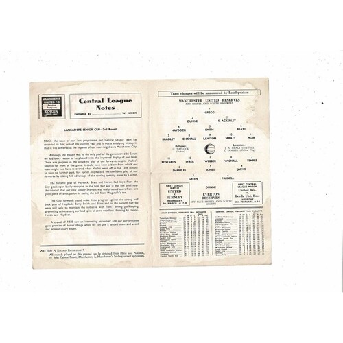 Manchester United v Everton Central League Football Programme 1960/61 Feb