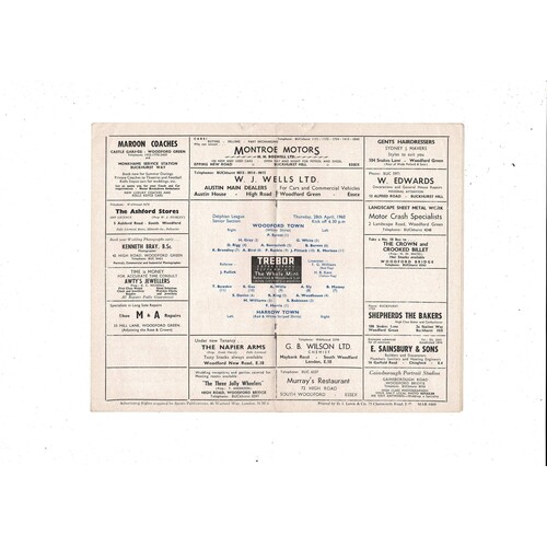 1959/60 Woodford Town v Harrow Town Football Programme