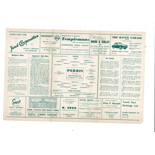 1960/61 Yeovil Town v Cheltenham Town Southern League Football Programme