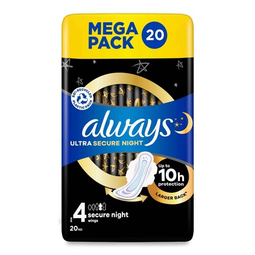 Always Ultra Secure Night Sanitary Pads with Wings Size 4 Pack of 18