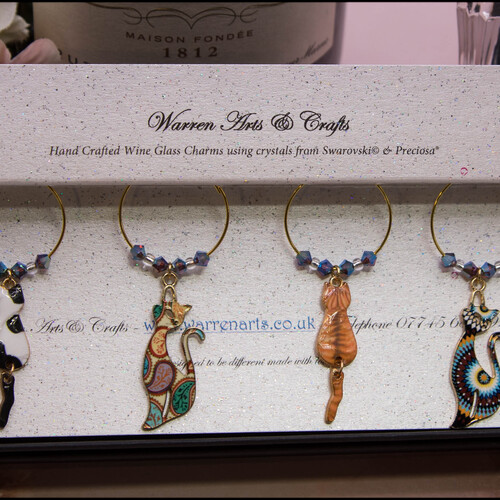 Set of Six Enamel Cat Wine Glass Charms with Moving Tails & Preciosa Crystals